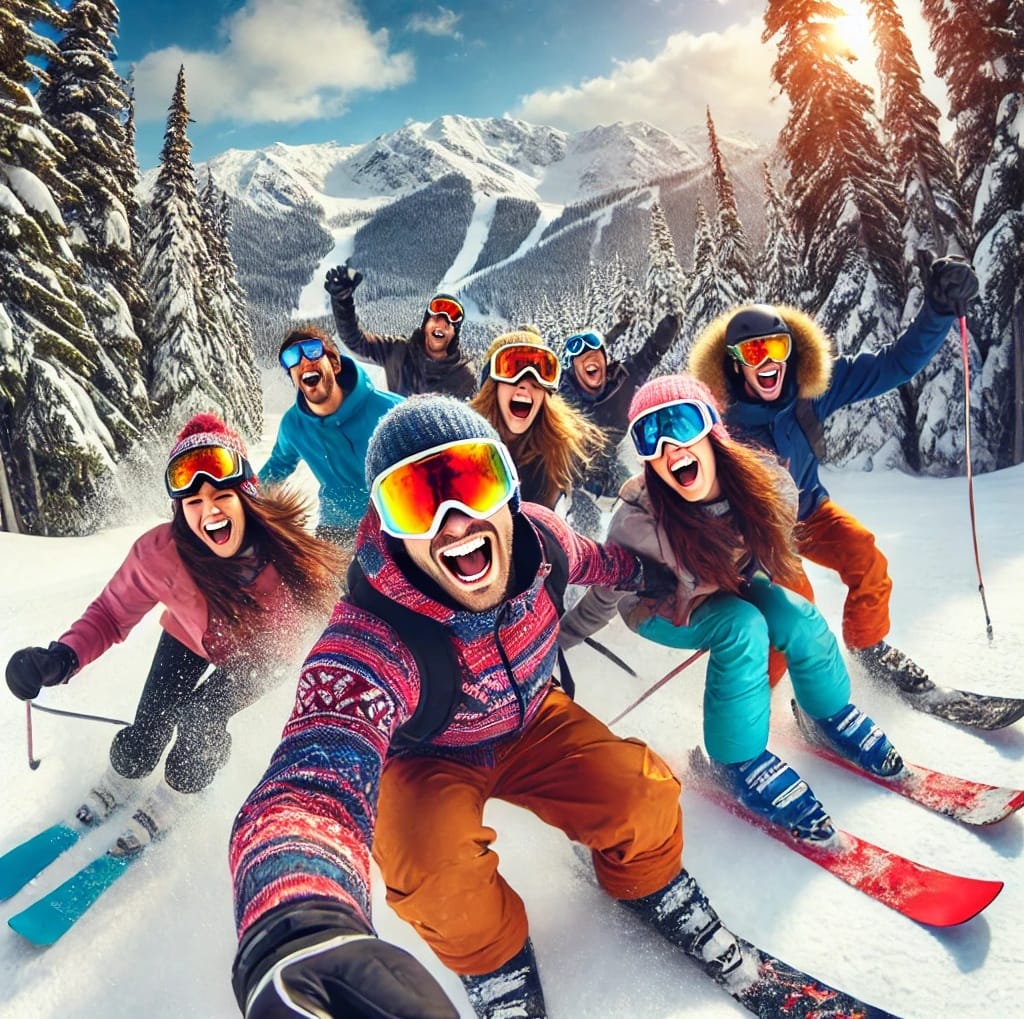 Friends skiing together down a sunny Whistler slope, laughing and spraying snow — capturing joy, connection, and shared adventure.