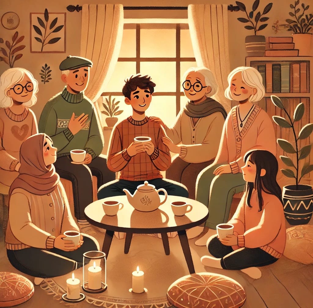 A warm and cozy illustration showing a young person sitting with a group of wise, older friends around a small tea table.