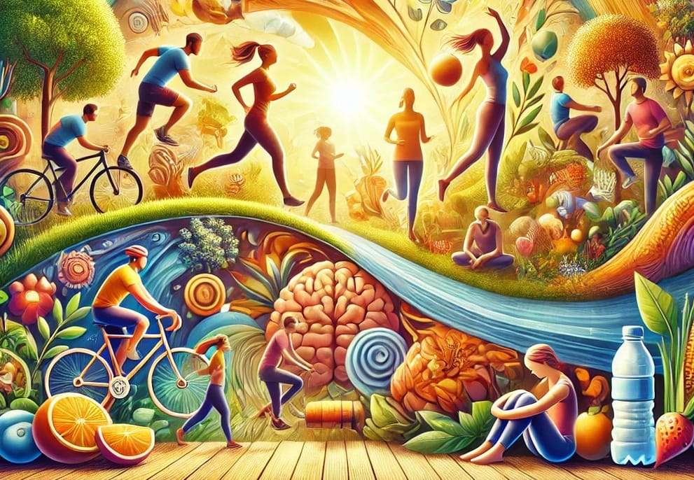 A collage of healthy daily rituals — walking, running, biking, and meditating — visualizing holistic health.