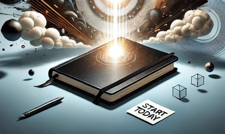 Abstract illustration of a glowing journal surrounded by dark swirling shapes, symbolizing focus and priorities amid burnout.